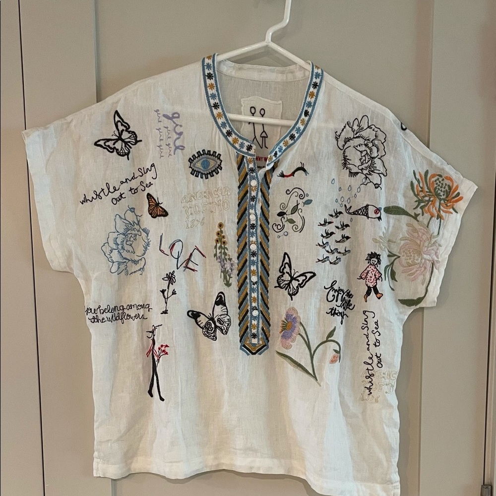 Johnny Was M White Linen Embroidered Tunic